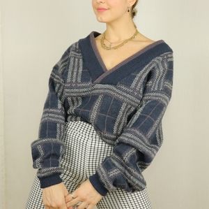 Purple blue wool chunky checked v-neck sweater